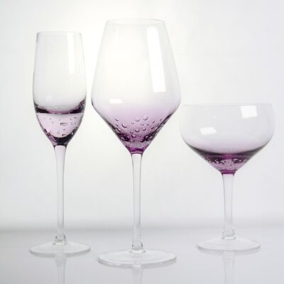Lavender bubble Crystal Wine Glass handblown with gradient tint and delicate trapped bubbles combining elegance with durability