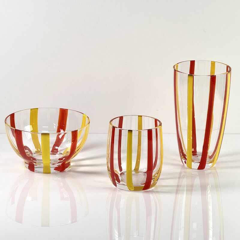 Kwaliteit Hand Blown Colored Cane Striped Glass Tumbler & Bowl Set, Murano Style Red Yellow Vertical Stripe Drinking Cups and Snack Bowl, Lead-Free Art Glass for Water, Juice, Table Decor fabriek