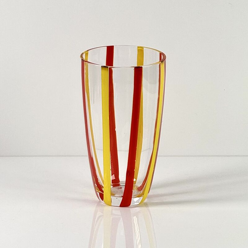 Kwaliteit Hand Blown Colored Cane Striped Glass Tumbler & Bowl Set, Murano Style Red Yellow Vertical Stripe Drinking Cups and Snack Bowl, Lead-Free Art Glass for Water, Juice, Table Decor fabriek