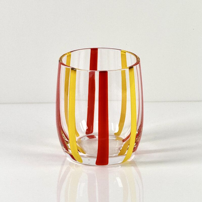 Kwaliteit Hand Blown Colored Cane Striped Glass Tumbler & Bowl Set, Murano Style Red Yellow Vertical Stripe Drinking Cups and Snack Bowl, Lead-Free Art Glass for Water, Juice, Table Decor fabriek