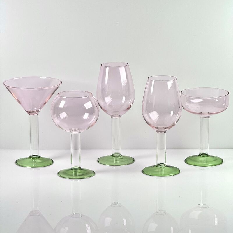 Kwaliteit Hand Blown Borosilicate Stemmed Wine & Cocktail Glass Set, Pink Bowl with Green Hollow Stem Base, Colored Spray Tinted Art Goblets for Bar, Wedding & Table Decor fabriek