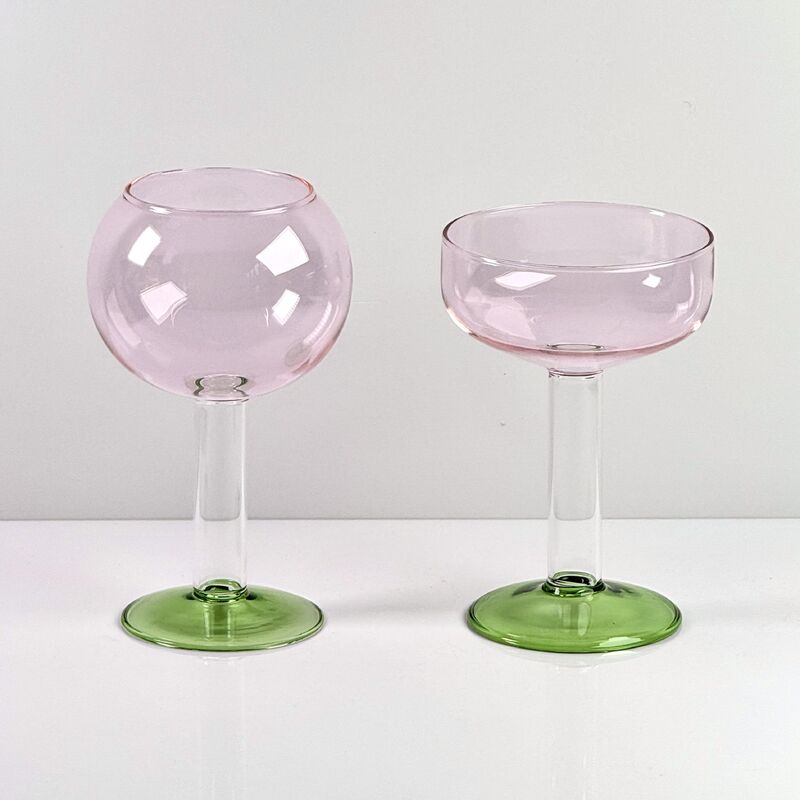 Kwaliteit Hand Blown Borosilicate Stemmed Wine & Cocktail Glass Set, Pink Bowl with Green Hollow Stem Base, Colored Spray Tinted Art Goblets for Bar, Wedding & Table Decor fabriek