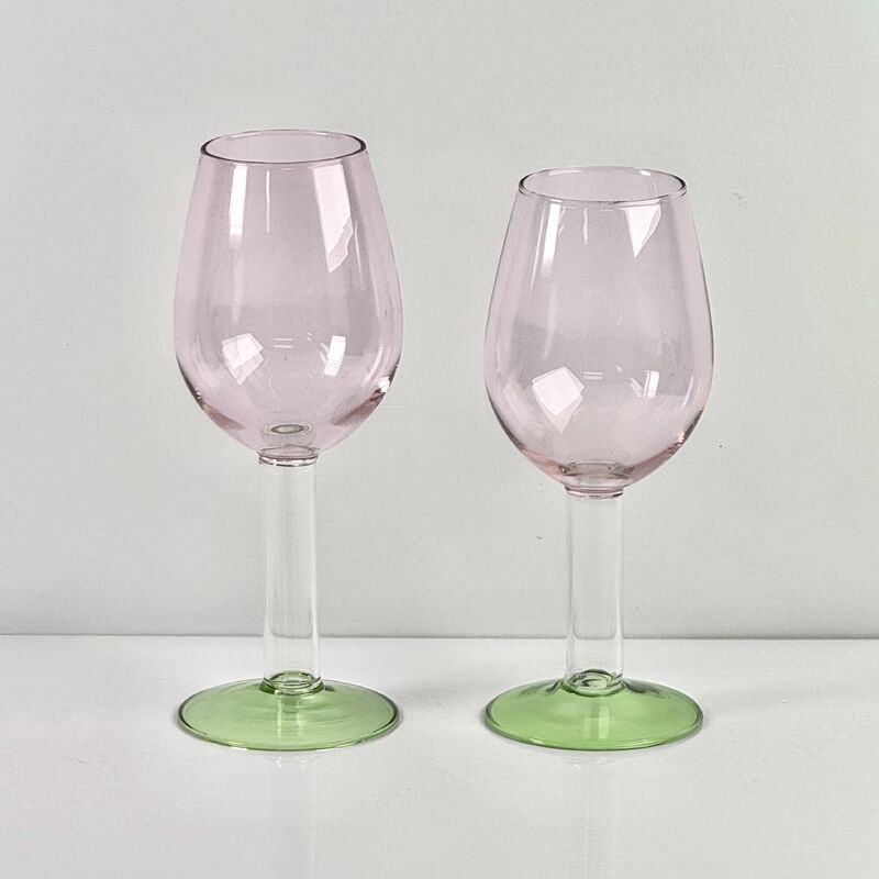 Kwaliteit Hand Blown Borosilicate Stemmed Wine & Cocktail Glass Set, Pink Bowl with Green Hollow Stem Base, Colored Spray Tinted Art Goblets for Bar, Wedding & Table Decor fabriek