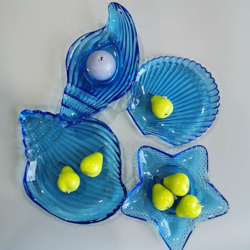 kwaliteit Ocean-serie Sea Shell Blauw glas oplaadplaat voor dessert fabriek