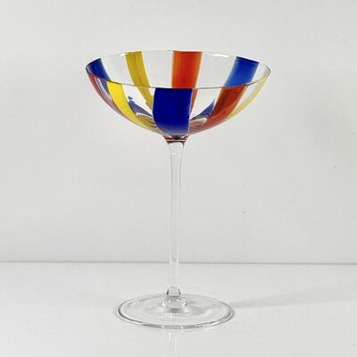 Kwaliteit Hand Blown Art Glass Goblet & Coupe Glass Set, Vibrant Red Yellow Blue Vertical Cane Stripes Murano Style Stemmed Wine & Martini Glasses for Bar, Party & Gift fabriek