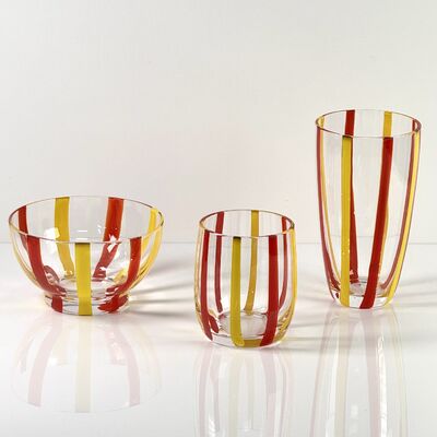 Kwaliteit Hand Blown Colored Cane Striped Glass Tumbler & Bowl Set, Murano Style Red Yellow Vertical Stripe Drinking Cups and Snack Bowl, Lead-Free Art Glass for Water, Juice, Table Decor fabriek