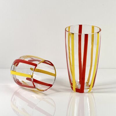 Kwaliteit Hand Blown Colored Cane Striped Glass Tumbler & Bowl Set, Murano Style Red Yellow Vertical Stripe Drinking Cups and Snack Bowl, Lead-Free Art Glass for Water, Juice, Table Decor fabriek