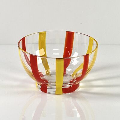 Kwaliteit Hand Blown Colored Cane Striped Glass Tumbler & Bowl Set, Murano Style Red Yellow Vertical Stripe Drinking Cups and Snack Bowl, Lead-Free Art Glass for Water, Juice, Table Decor fabriek