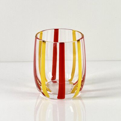 Kwaliteit Hand Blown Colored Cane Striped Glass Tumbler & Bowl Set, Murano Style Red Yellow Vertical Stripe Drinking Cups and Snack Bowl, Lead-Free Art Glass for Water, Juice, Table Decor fabriek