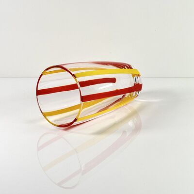 Kwaliteit Hand Blown Colored Cane Striped Glass Tumbler & Bowl Set, Murano Style Red Yellow Vertical Stripe Drinking Cups and Snack Bowl, Lead-Free Art Glass for Water, Juice, Table Decor fabriek