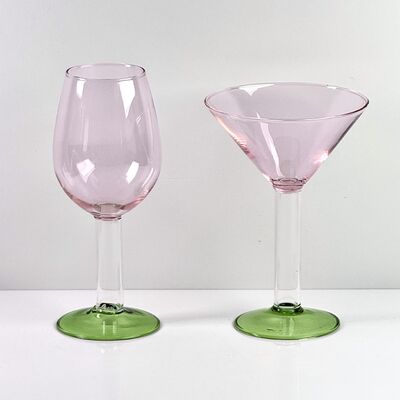 Kwaliteit Hand Blown Borosilicate Stemmed Wine & Cocktail Glass Set, Pink Bowl with Green Hollow Stem Base, Colored Spray Tinted Art Goblets for Bar, Wedding & Table Decor fabriek