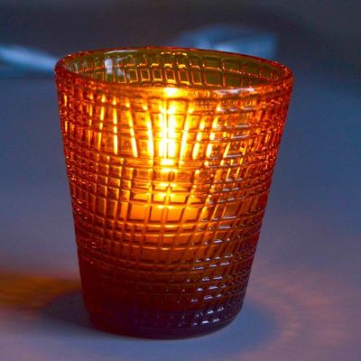 kwaliteit Gepresteerd linnenpatroon Solid Amber Glass Tea Light Holders fabriek