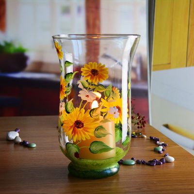 kwaliteit Met de hand geschilderde zonnebloempatroon glazen kaarshouders voor thuis fabriek