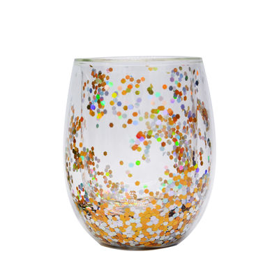 kwaliteit 13oz aangepaste borosilicaat dubbele wand tumbler drinkglasjes met kleurrijke glitter binnenin fabriek