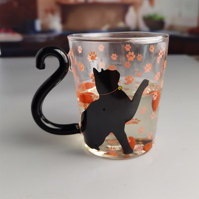 kwaliteit Borosilicaat Black Cat Tea Glass Mug met kleurrijke staartgreep fabriek