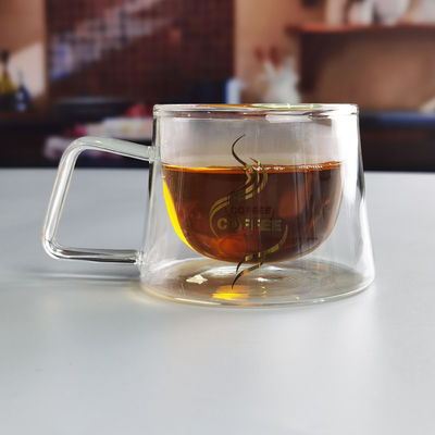 kwaliteit 200 ml Borosilicaat Dubbellaag Glas Koffiekop Met Gouden Logo fabriek